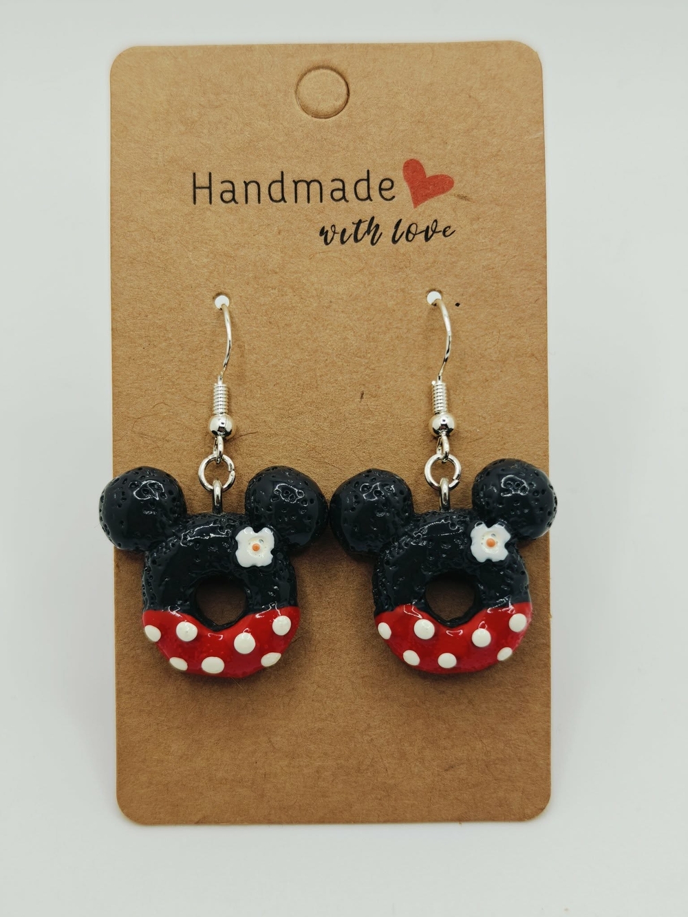 Handmade Black & Red Minnie Mouse Donut Earrings, With Sterling Silver Hooks 🥰